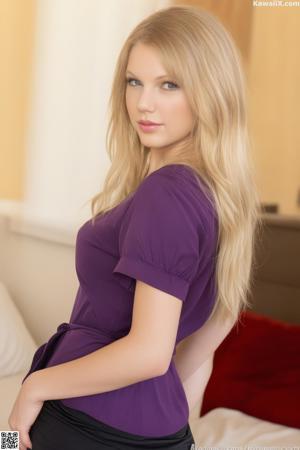 A woman in a purple shirt and black skirt posing on a bed.